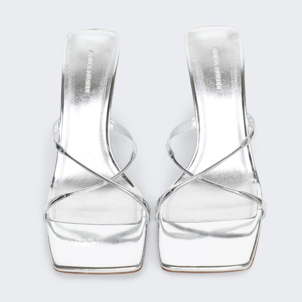 Amina Muaddi Adriana Mirror High Heel Slipper Sandal Silver- IT 39